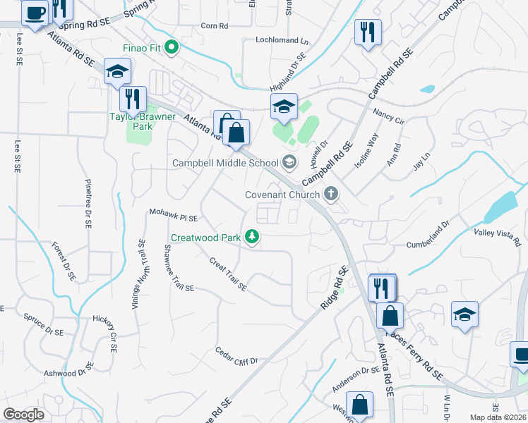 map of restaurants, bars, coffee shops, grocery stores, and more near 3463 Vintage Circle Southeast in Smyrna