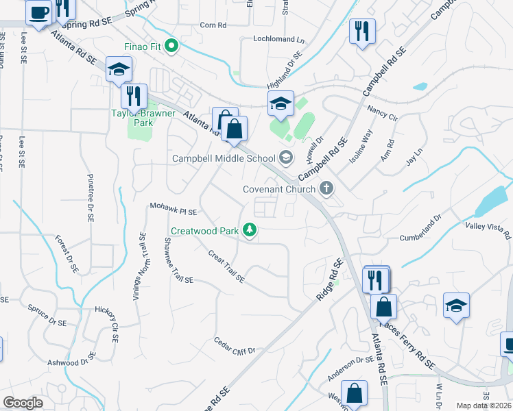 map of restaurants, bars, coffee shops, grocery stores, and more near 3463 Vintage Circle Southeast in Smyrna