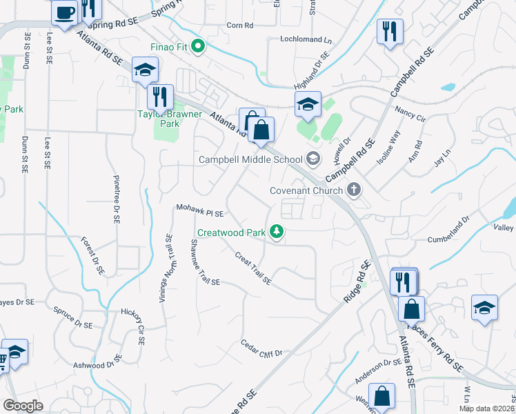 map of restaurants, bars, coffee shops, grocery stores, and more near 1805 Mackinaw Place Southeast in Smyrna