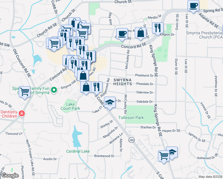 map of restaurants, bars, coffee shops, grocery stores, and more near 988 Pinedale Drive in Smyrna