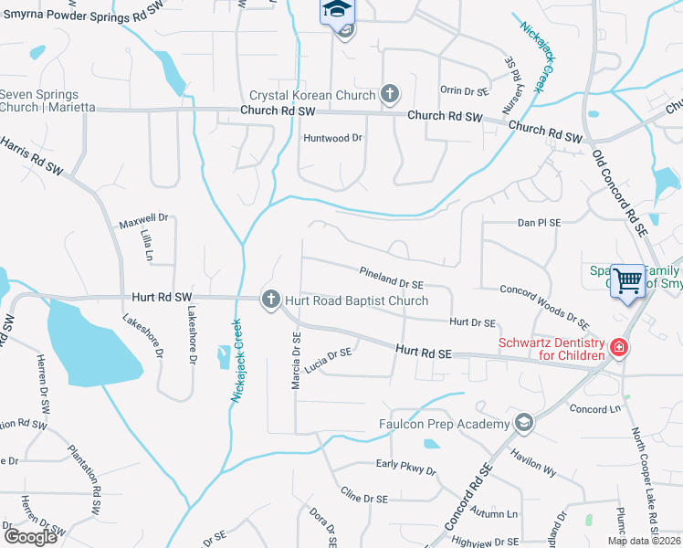 map of restaurants, bars, coffee shops, grocery stores, and more near 103 Pineland Drive Southeast in Smyrna