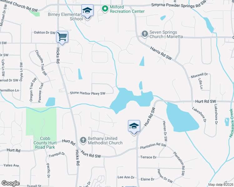 map of restaurants, bars, coffee shops, grocery stores, and more near 627 Stone Harbor Parkway Southwest in Marietta