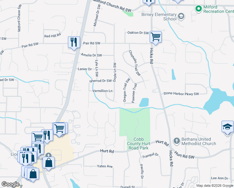 map of restaurants, bars, coffee shops, grocery stores, and more near 3350 Doyle Lane Southwest in Marietta