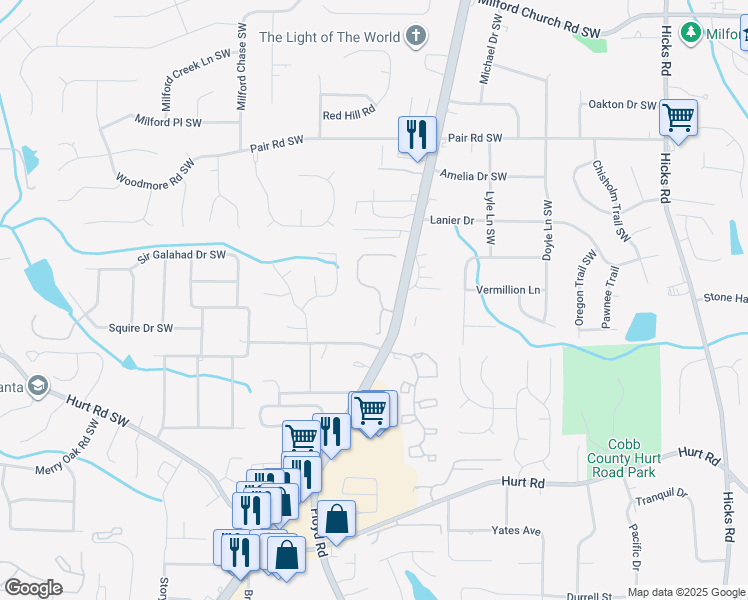 map of restaurants, bars, coffee shops, grocery stores, and more near 3376 Raes Creek Road in Marietta