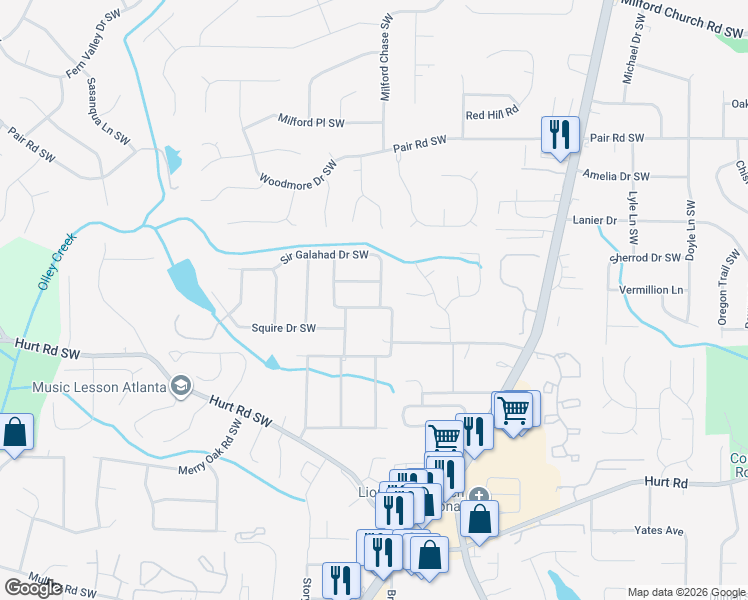 map of restaurants, bars, coffee shops, grocery stores, and more near 1539 Sir Galahad Drive Southwest in Marietta