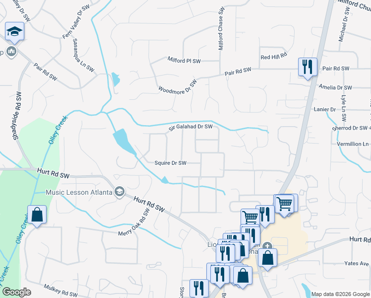 map of restaurants, bars, coffee shops, grocery stores, and more near 3342 Sir Lancelot Place Southwest in Marietta