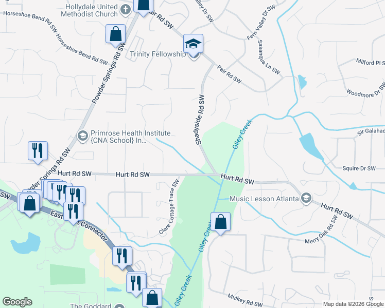 map of restaurants, bars, coffee shops, grocery stores, and more near 3354 Shadyside Road Southwest in Marietta