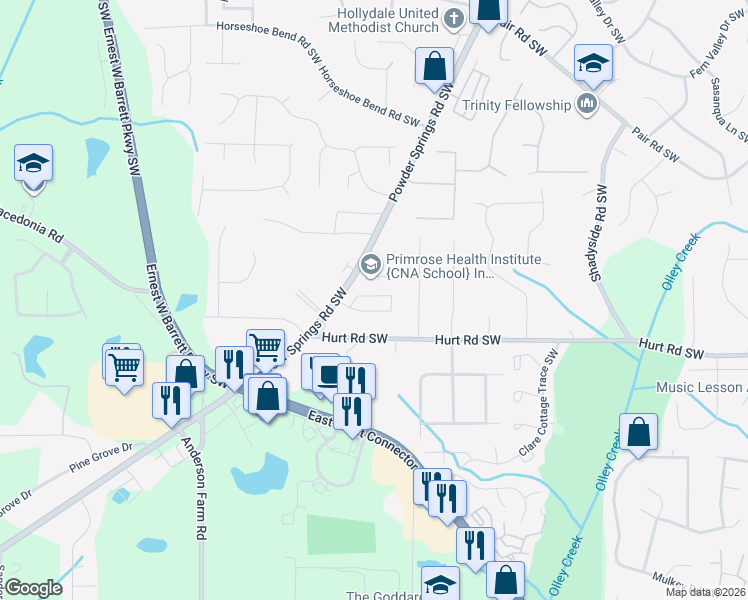 map of restaurants, bars, coffee shops, grocery stores, and more near 2483 Powder Springs Road Southwest in Marietta