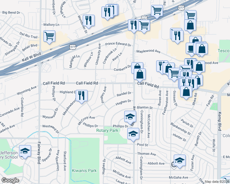 map of restaurants, bars, coffee shops, grocery stores, and more near 4200 Preston Drive in Wichita Falls