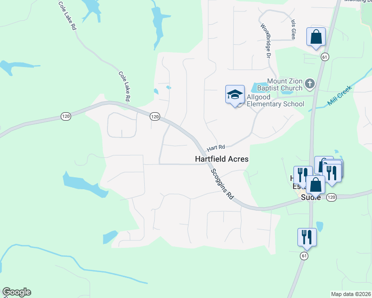 map of restaurants, bars, coffee shops, grocery stores, and more near 121 Paces Meadows Lane in Dallas