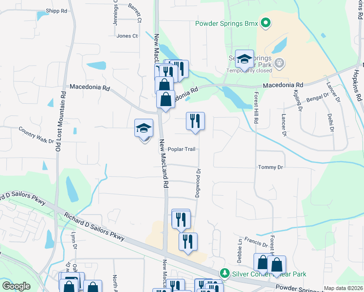 map of restaurants, bars, coffee shops, grocery stores, and more near 4120 Poplar Trail in Powder Springs