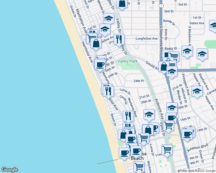 map of restaurants, bars, coffee shops, grocery stores, and more near 2410 Palm Drive in Hermosa Beach