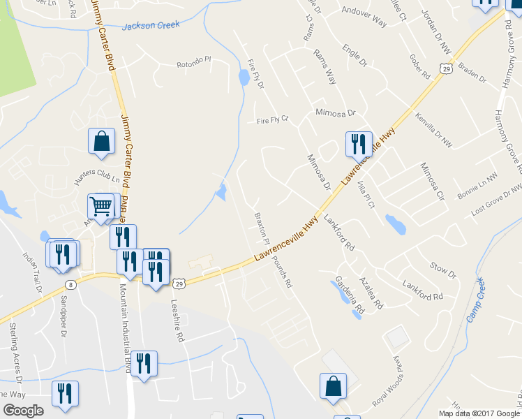 map of restaurants, bars, coffee shops, grocery stores, and more near 261 Braxton Place in Tucker