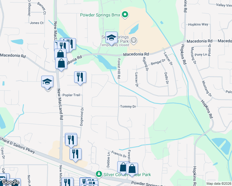 map of restaurants, bars, coffee shops, grocery stores, and more near 3381 Forest Hill Road in Powder Springs