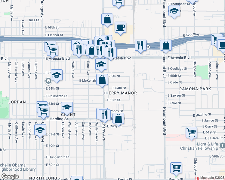 map of restaurants, bars, coffee shops, grocery stores, and more near 2142 East McKenzie Street in Long Beach