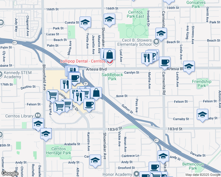 map of restaurants, bars, coffee shops, grocery stores, and more near 13025 Semora Drive in Cerritos