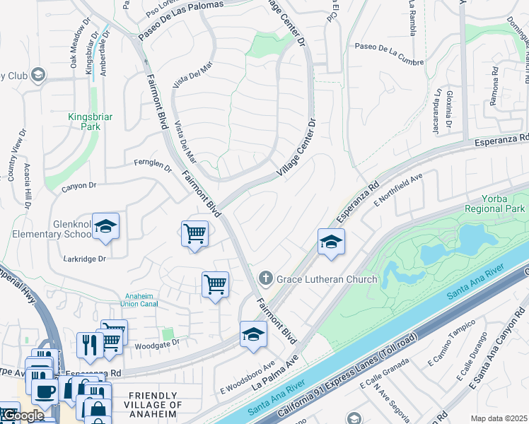 map of restaurants, bars, coffee shops, grocery stores, and more near 20270 Landig Circle in Yorba Linda