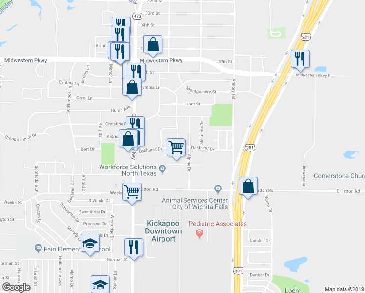 map of restaurants, bars, coffee shops, grocery stores, and more near 1308 Oakhurst Drive in Wichita Falls
