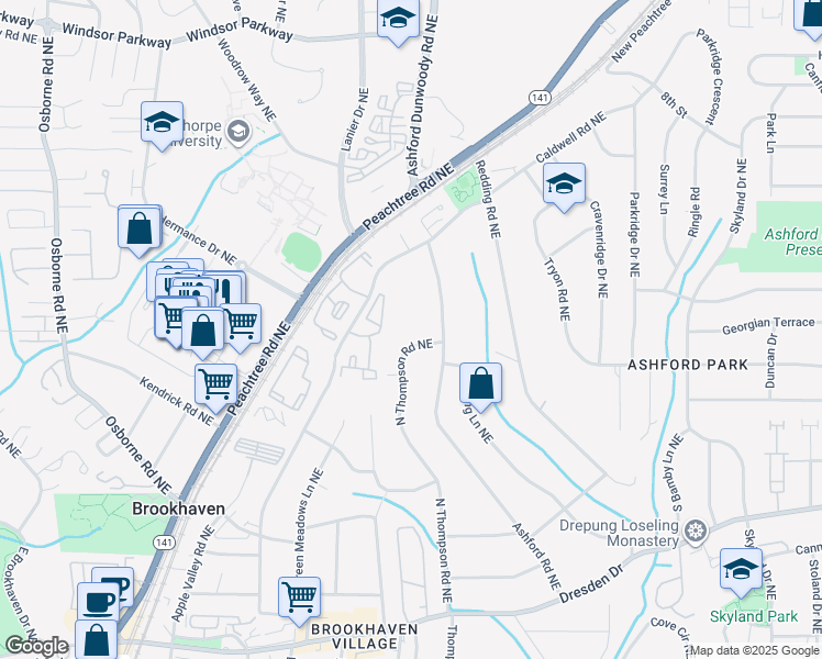 map of restaurants, bars, coffee shops, grocery stores, and more near 2848 North Thompson Road Northeast in Atlanta