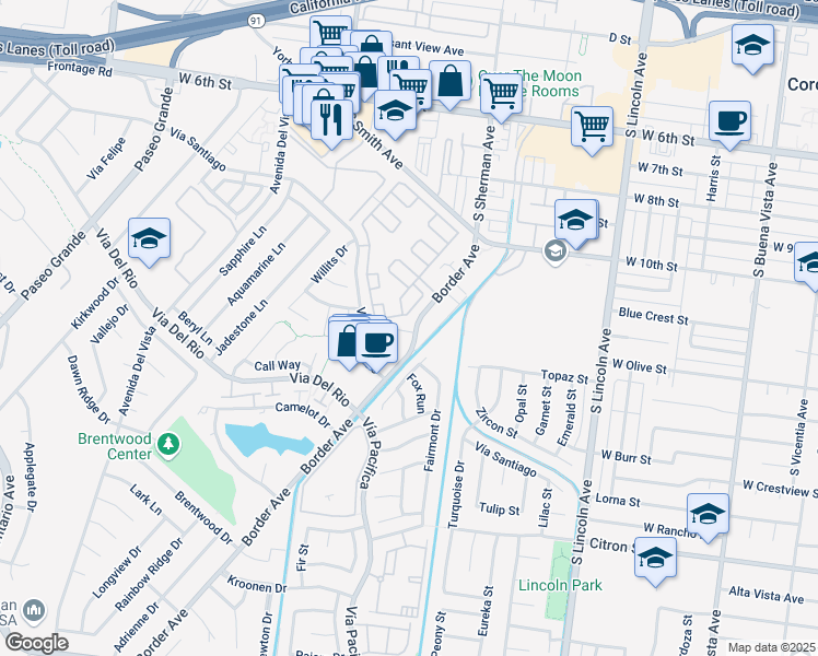 map of restaurants, bars, coffee shops, grocery stores, and more near 1140 Border Avenue in Corona