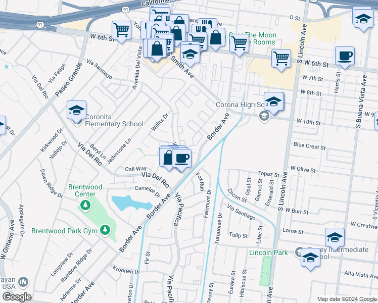 map of restaurants, bars, coffee shops, grocery stores, and more near 1315 Vía Santiago in Corona