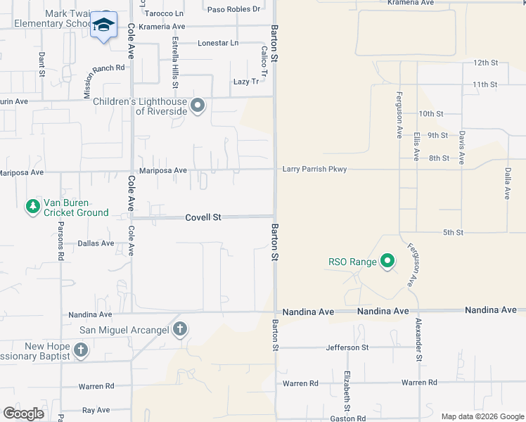 map of restaurants, bars, coffee shops, grocery stores, and more near 19974 Covell Street in Riverside