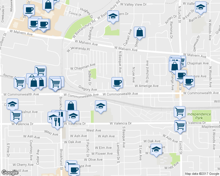 map of restaurants, bars, coffee shops, grocery stores, and more near 200 North Alberta Place in Fullerton