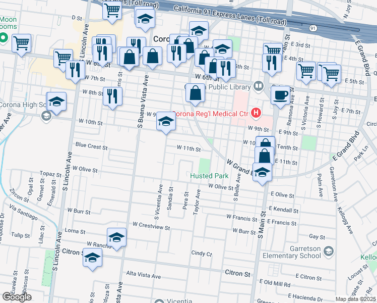 map of restaurants, bars, coffee shops, grocery stores, and more near 616 West 11th Street in Corona
