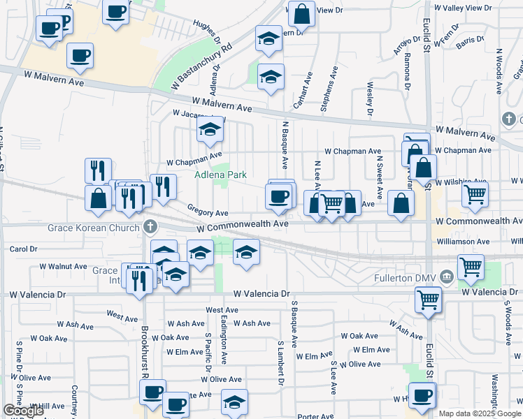 map of restaurants, bars, coffee shops, grocery stores, and more near 200 North Alberta Place in Fullerton