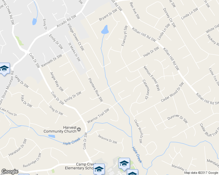 map of restaurants, bars, coffee shops, grocery stores, and more near 4574 Town Crier Road Southwest in Lilburn