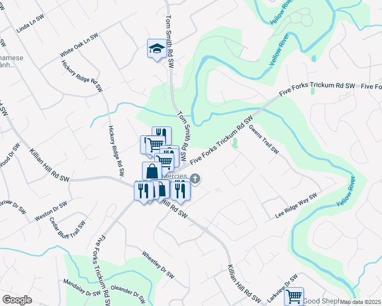 map of restaurants, bars, coffee shops, grocery stores, and more near 3997 Five Forks Trickum Road Southwest in Lilburn