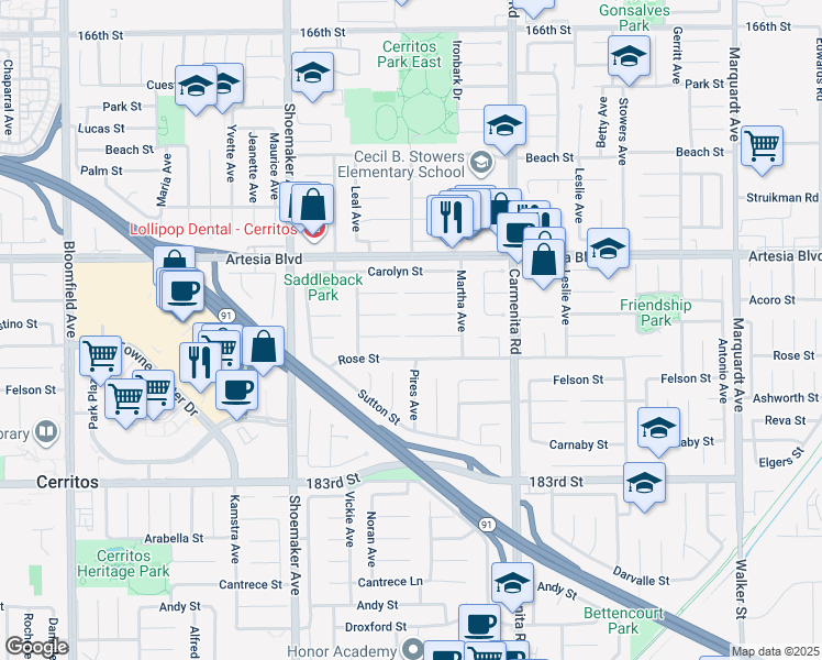 map of restaurants, bars, coffee shops, grocery stores, and more near 13213 Semora Place in Cerritos