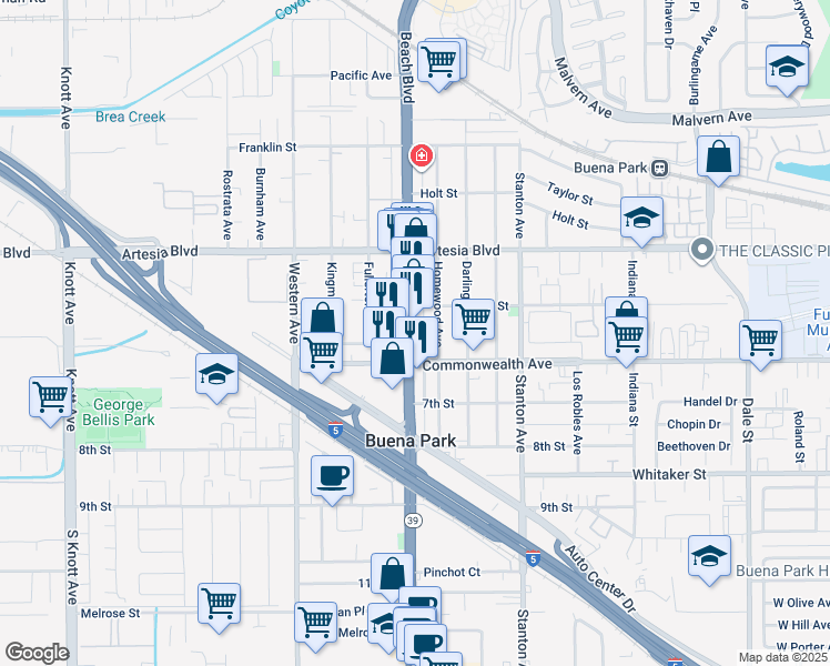 map of restaurants, bars, coffee shops, grocery stores, and more near 6131 Homewood Avenue in Buena Park