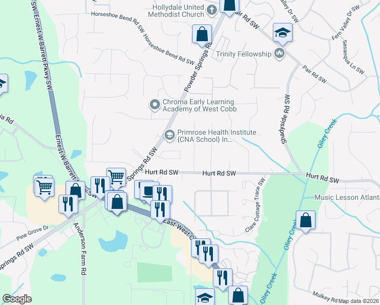 map of restaurants, bars, coffee shops, grocery stores, and more near 3392 Quail Run Southwest in Marietta