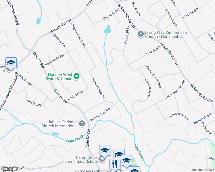 map of restaurants, bars, coffee shops, grocery stores, and more near 580 Village Green Court Southwest in Lilburn