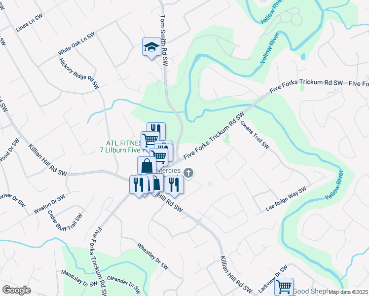 map of restaurants, bars, coffee shops, grocery stores, and more near 3997 Five Forks Trickum Road Southwest in Lilburn
