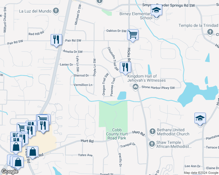 map of restaurants, bars, coffee shops, grocery stores, and more near 3390 Pawnee Trail in Marietta