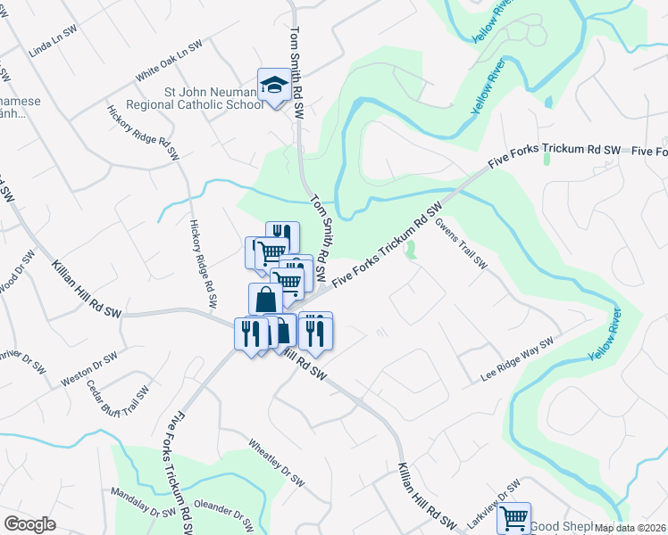 map of restaurants, bars, coffee shops, grocery stores, and more near 3997 Five Forks Trickum Road Southwest in Lilburn