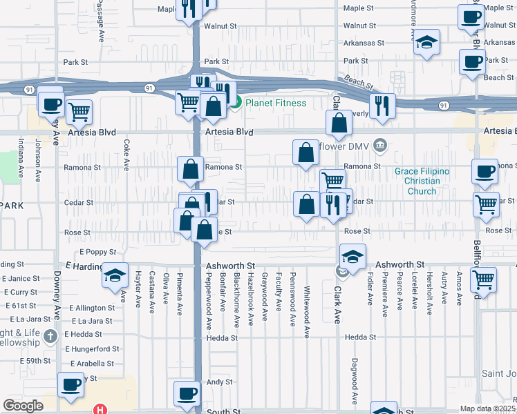 map of restaurants, bars, coffee shops, grocery stores, and more near 9124 Cedar Street in Bellflower