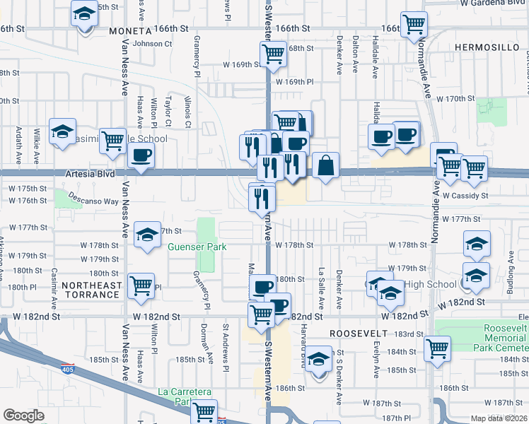 map of restaurants, bars, coffee shops, grocery stores, and more near in Gardena