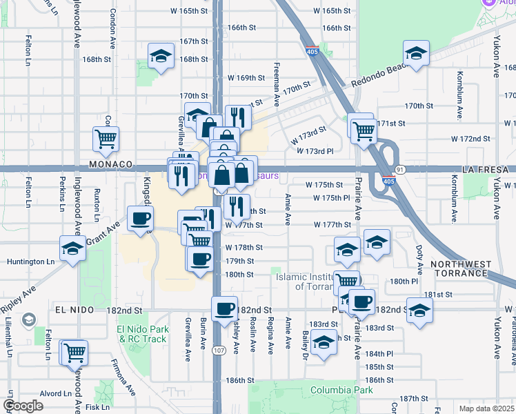 map of restaurants, bars, coffee shops, grocery stores, and more near 4243 West 176th Street in Torrance