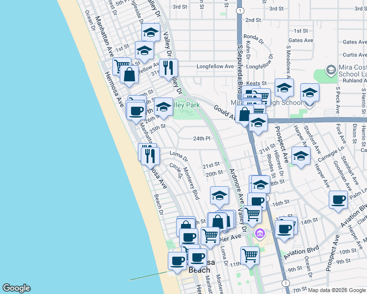 map of restaurants, bars, coffee shops, grocery stores, and more near 429 24th Street in Hermosa Beach