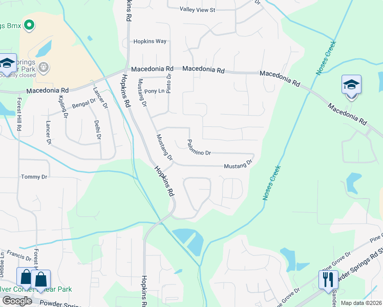 map of restaurants, bars, coffee shops, grocery stores, and more near 3136 Palomino Drive in Powder Springs