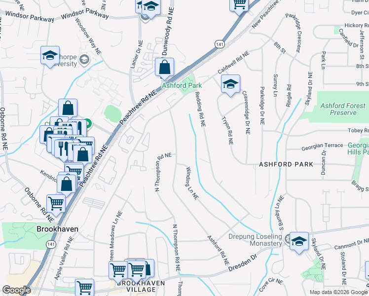 map of restaurants, bars, coffee shops, grocery stores, and more near 2780 Caldwell Road Northeast in Atlanta