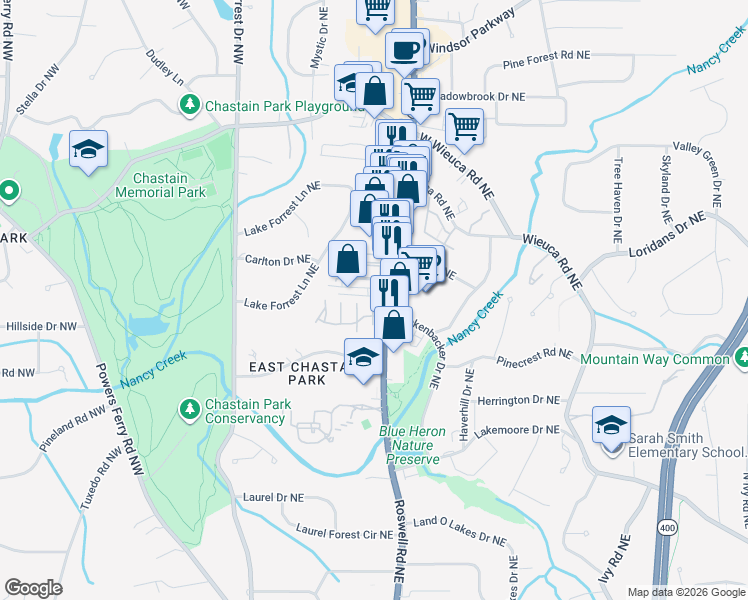 map of restaurants, bars, coffee shops, grocery stores, and more near 8 Pendleton Place Northeast in Atlanta