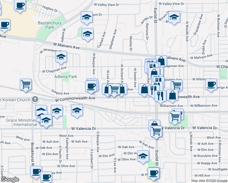 map of restaurants, bars, coffee shops, grocery stores, and more near 205 Michael Avenue in Fullerton