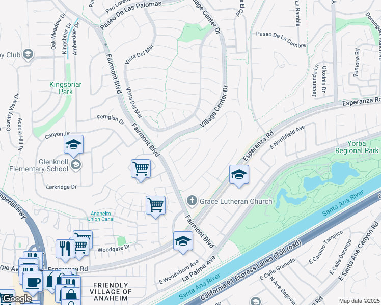 map of restaurants, bars, coffee shops, grocery stores, and more near 20270 Landig Circle in Yorba Linda
