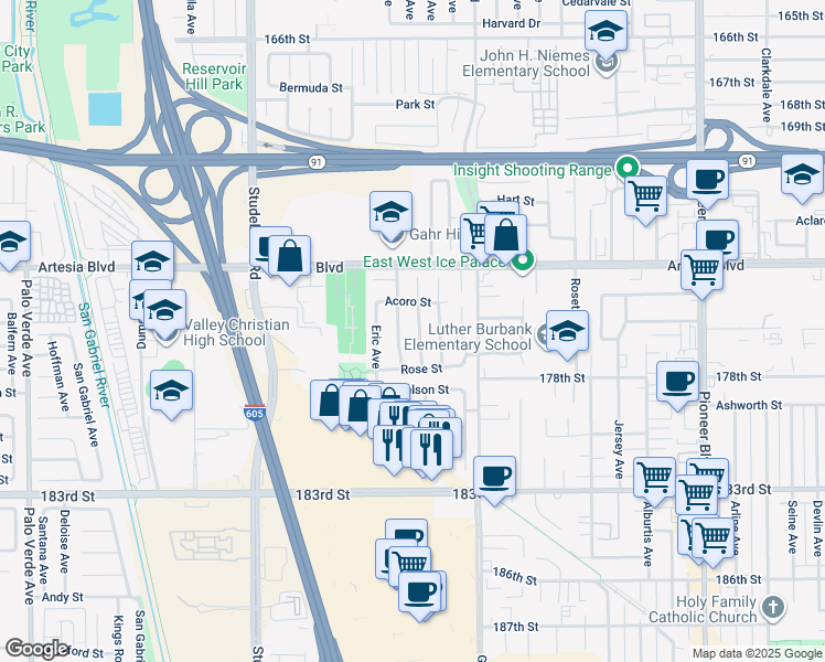 map of restaurants, bars, coffee shops, grocery stores, and more near 17609 Graystone Avenue in Cerritos