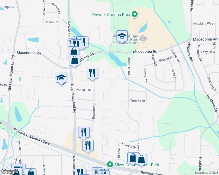 map of restaurants, bars, coffee shops, grocery stores, and more near 4022 Evelyn Drive in Powder Springs