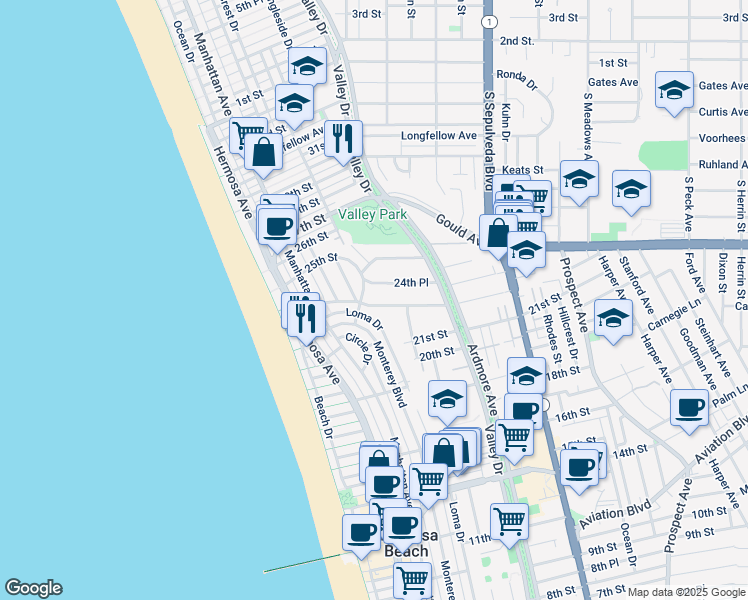 map of restaurants, bars, coffee shops, grocery stores, and more near 429 24th Street in Hermosa Beach